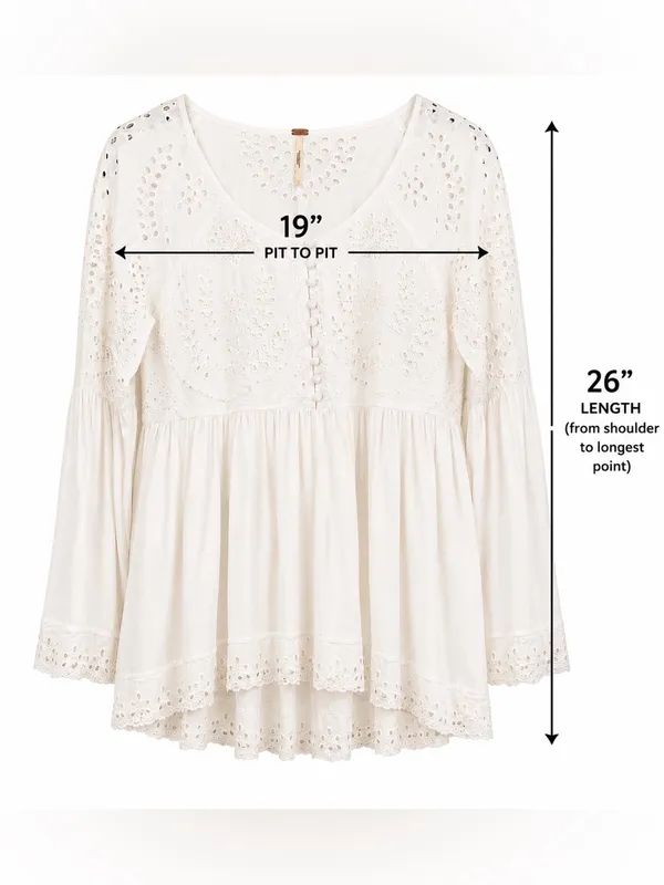 Free People White Eyelet Embroidered Peplum Tunic Blouse Size S Boho - Image 10