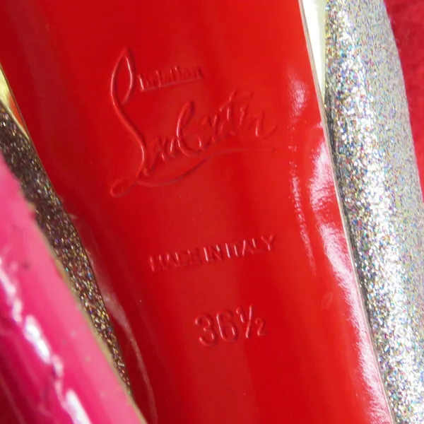 Christian Louboutin Lady Peep Slingback Glitter Pumps Platine Gold Pink Red 36.5 - Image 9