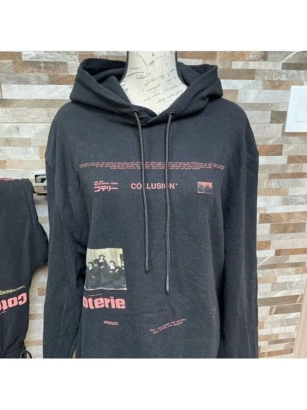 COLLUSION Unisex Lounge cotton set pants & sweat shirt hoodie black with graphic - Image 4