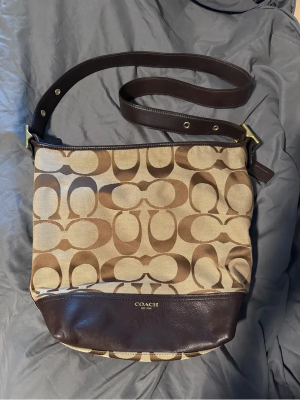 Coach Brown Signature Canvas Shoulder Bag with Dark Brown Leather Trim - Image 3