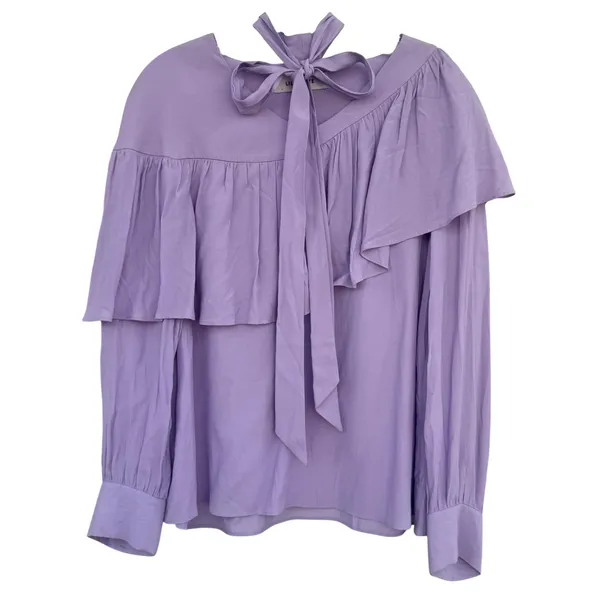 & Other Stories Lily White Lilac Purple Large (L) Ruffle Blouse Neck Bow Preppy - Image 2