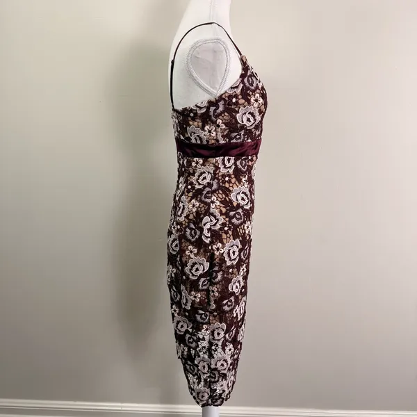 Bardot Floral Lace Midi Dress Burgundy Cream V-Neck Asymmetrical Hem Size US 6 - Image 2