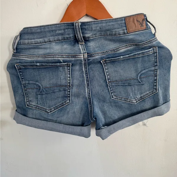 American Eagle Outfitters Distressed Blue Denim Roll-Hem Shorts - Image 2