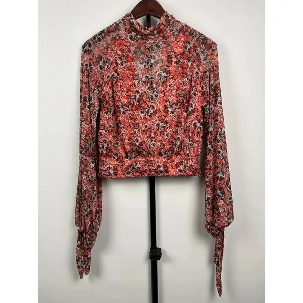 Free People All Dolled Up Mesh Floral Mock Neck Top Blouse Size XS‎ Open Back - Image 2