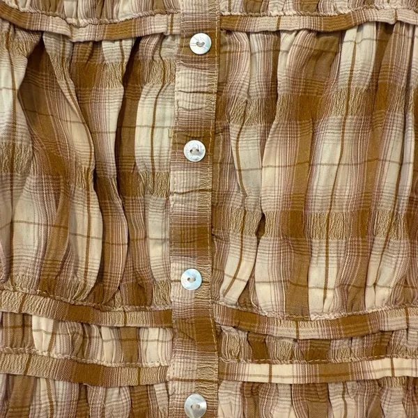 Bohme Brown Beige Plaid Smocked Blouse Size Large NWOT - Image 5
