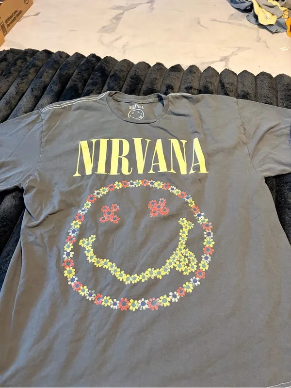 NIRVANA Gray Tee with Yellow Logo and Multicolor Floral Smile - Image 2