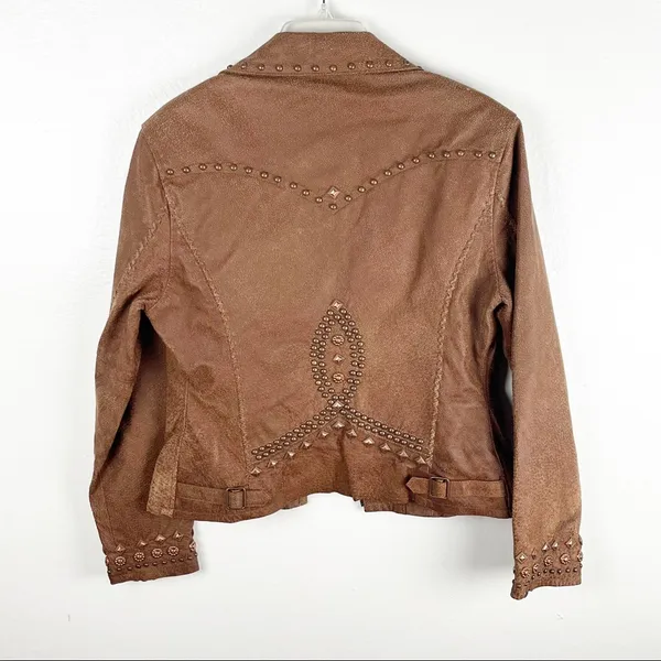 CRIPPLE CREEK Brown 100% Genuine Leather Studded Zip Pockets Jacket Size Medium - Image 2