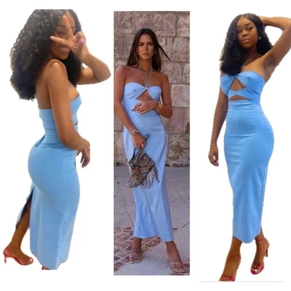Zara Blogger Favorite Blue Cut-out Halter Top Bodycon Midi Dress Sz L - Image 6