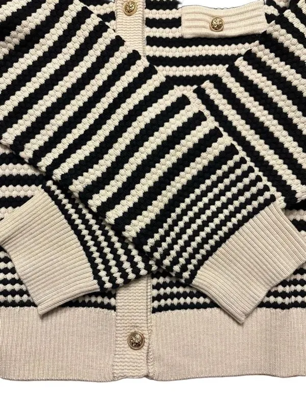 Adrianna Papell Wool blend cream black striped pointelle cardigan Size M - Image 7