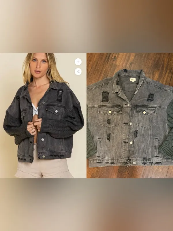 POL Washed Charcoal Black Distressed Denim Jacket with Dark Knit Sleeves Large - Image 2