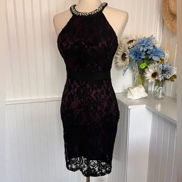 Sequin Hearts Black & Mauve Open Back Lace Dress - Image 3
