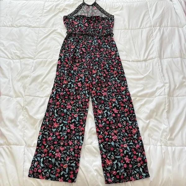 Kingston Gray Jumpsuit Womens Large Floral Black Tie‎ Halter Whimsy Hippie Boho - Image 9