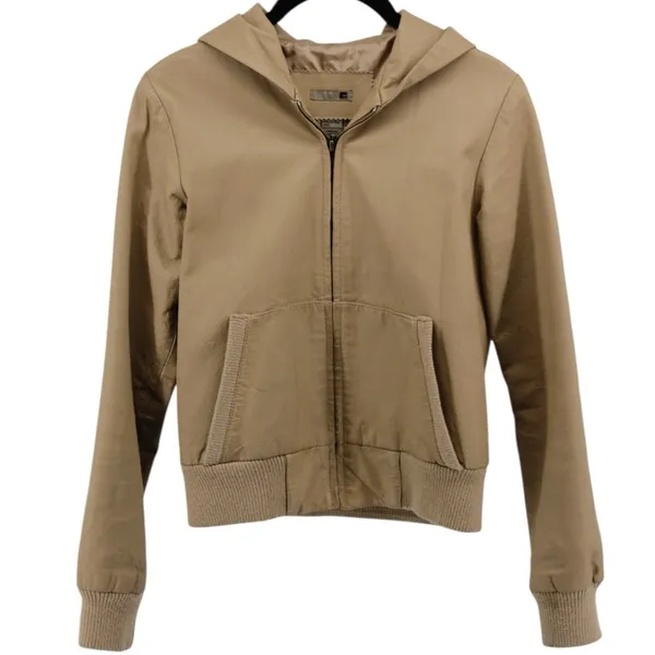 Vintage Y2K Buckle Tan Leather Hooded Granola Girl Moto‎ Jacket Size M - Image 2