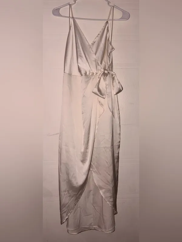 Express Conscious Edits Satin Faux Wrap Dress - Image 3