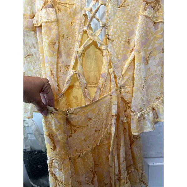 Saints + Secrets Yellow Floral Lace-Up Flare Sleeve Midi Dress Size 6 - Image 6