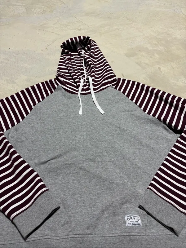 Orvis Gray Hoodie with Burgundy Stripe Sleeves large - Image 2