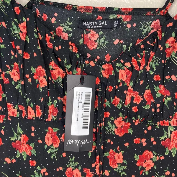 NWT Nasty Gal Bright Floral Ruched Bust Tie Shoulder Mini Dress Size 6 - Image 6