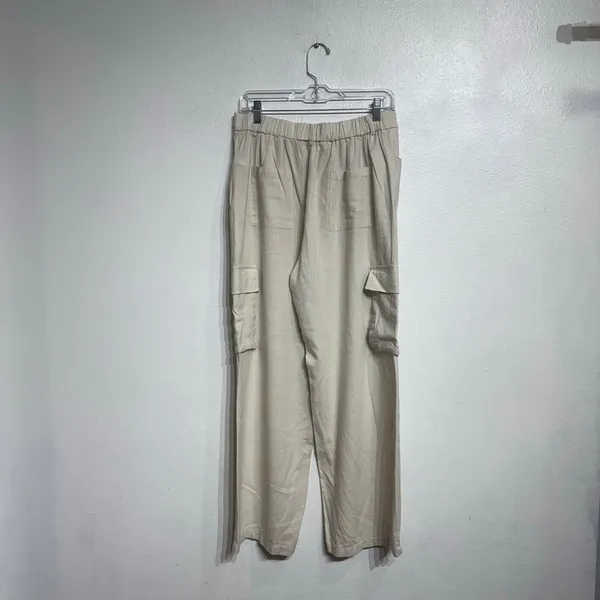 Happily Grey Cream Linen Blend Wide Leg Pants High Rise Flowy Sz L - Image 9
