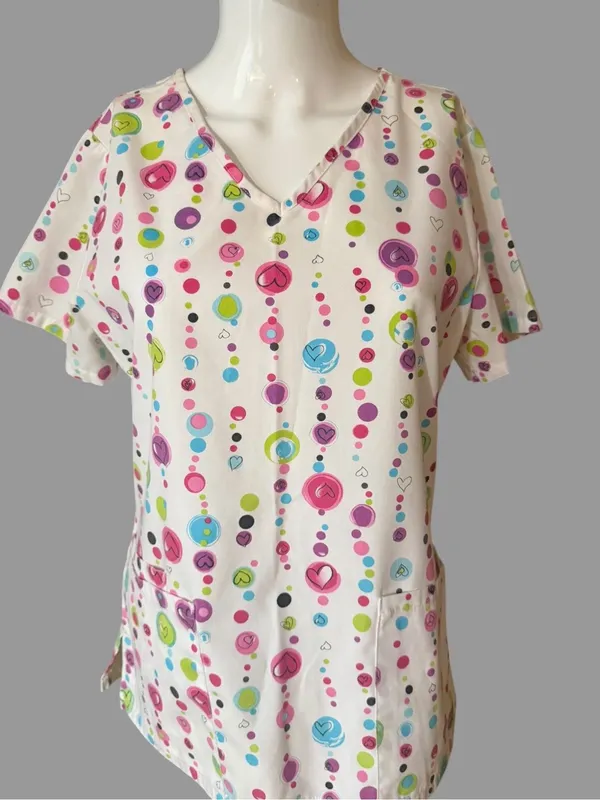 SB Scrubs White V-Neck Short Sleeve Top with Pink, Blue & Green Dot Print - Image 2