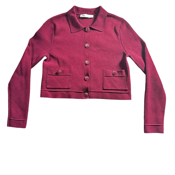 Zara Burgundy Cropped Cardigan Jacket Size S Collared Button Front - Image 2