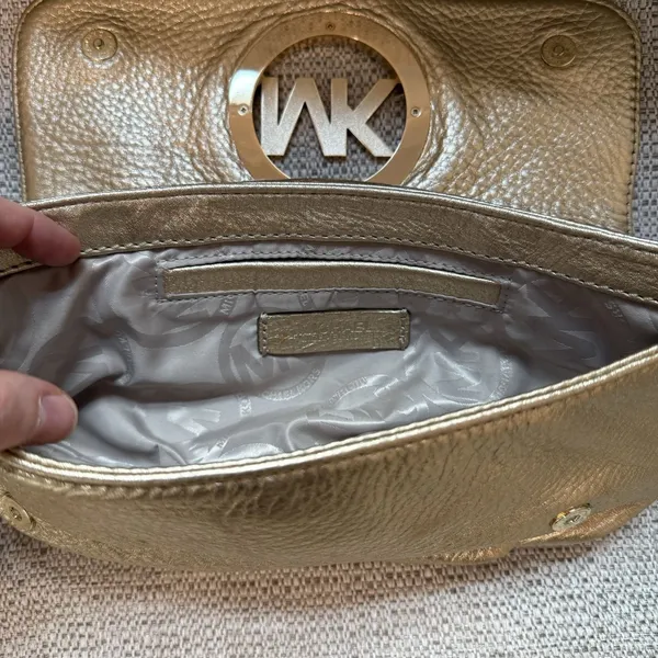 Michael Kors Gold Pebbled Leather Large‎ Logo Chain Shoulder Bag - Image 6