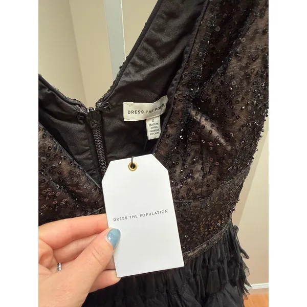 Dress the Population Becca Midi Dress Black Sleeveless Sequin Tiered Small - Image 6