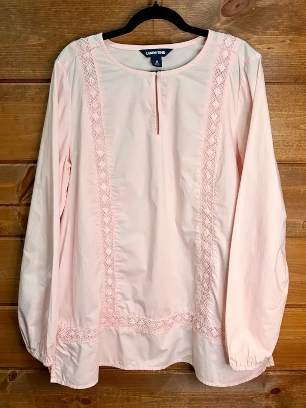 Lands’ End Pink Long Sleeve Lightweight Lace Eyelet Trim Cotton Tunic Top - Image 3