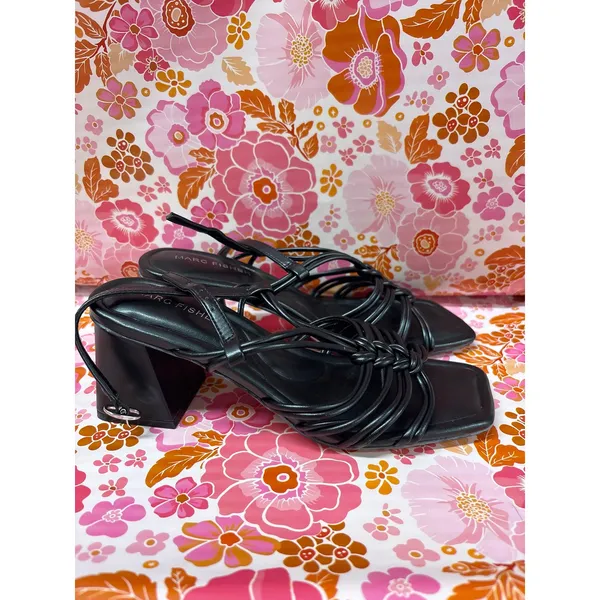Marc Fisher 7.5 Black Faux Leather Strappy Slingback Square Toe Heeled Sandals - Image 4