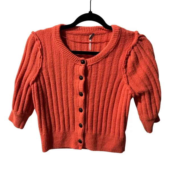 Free People Sloane Women's Coral Ribbed‎ Puff Sleeve Cropped Cardigan Top - Image 2