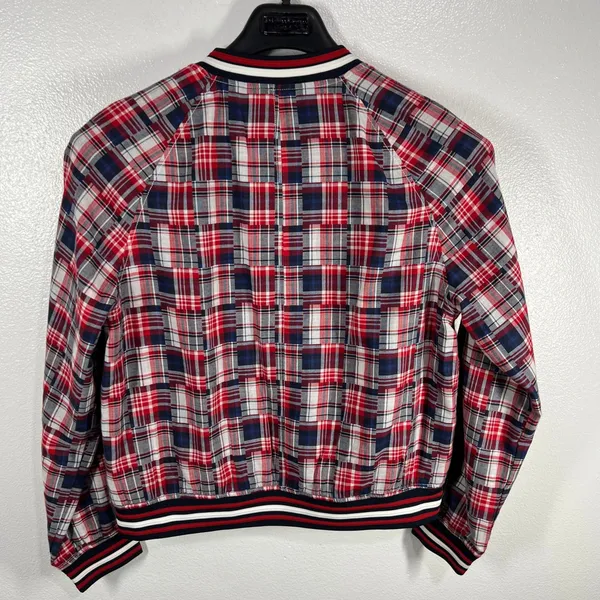Tommy Hilfiger Patchwork Plaid Varsity Jacket Red White Blue‎ Cotton Blend Large - Image 2