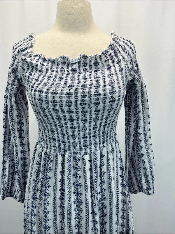 Altar'd State White and Navy Smocked Off-Shoulder Maxi Dress L Boho Cottagecore - Image 3