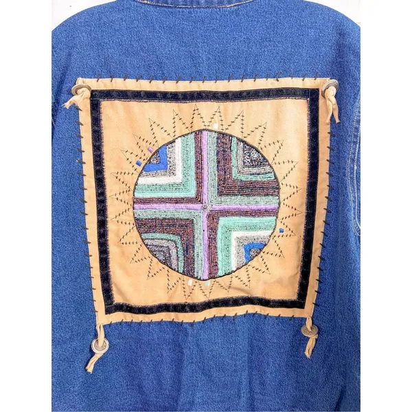 Ultimate Philadelphia Women's Denim Beaded Western Aztec Jean Jacket Blue Medium - Image 7