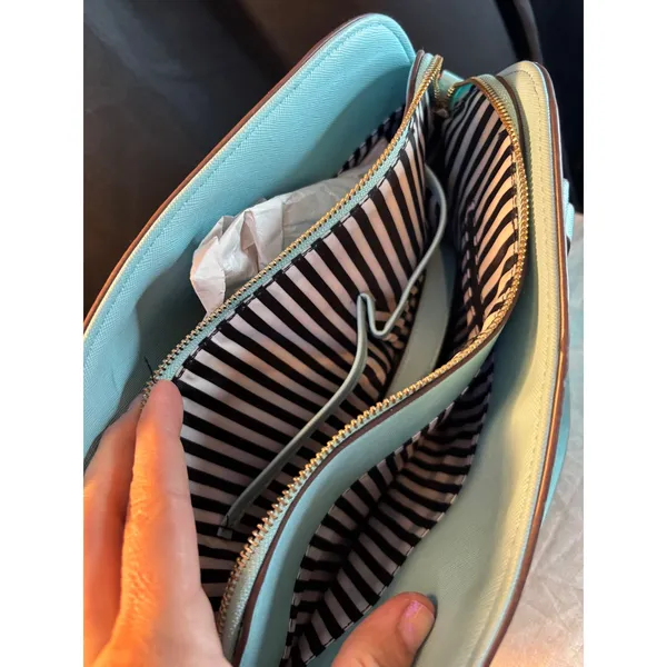 Blue Saffiano Dome Satchel Bag with Gold Heart Detail and Striped Lining - Image 6