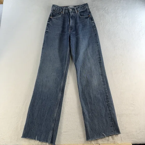 Zara‎ Sz 0 Jeans Wide Leg Raw Hem High Waisted Rise Light Wash Women's Baggy - Image 3