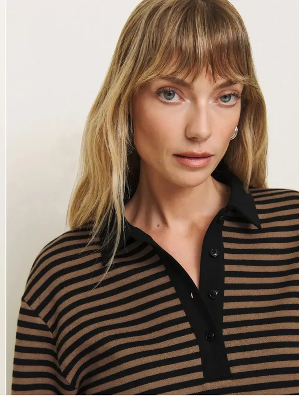 Reformation Anna Rugby Shirt Black And Tan Stripe Extra Large Crop Polo Sporty - Image 7