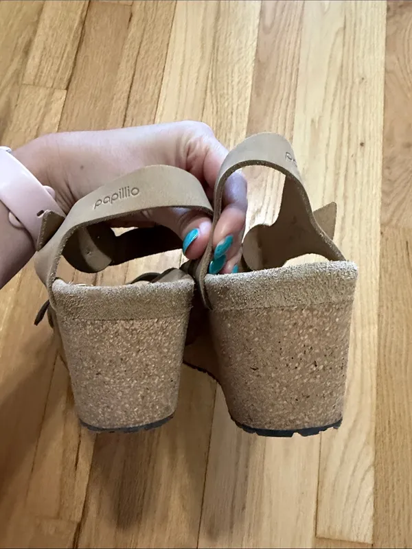 Birkenstock Papillio Soley Wedge Sandal Beige Nubuck Leather Sz 42 - Image 5
