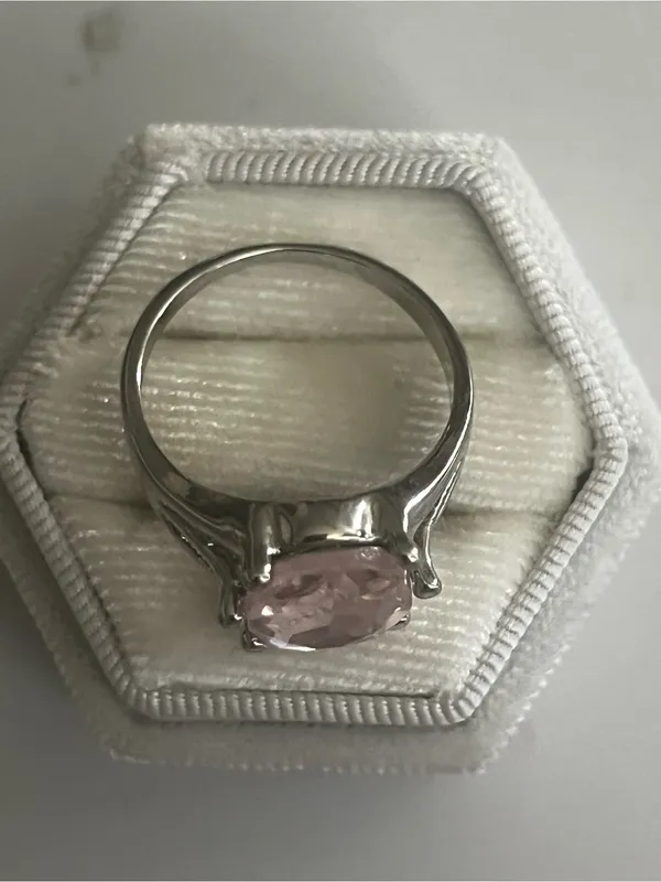 Delicate Pink Oval Gemstone Ring in Silver Setting Size 9 - Image 3