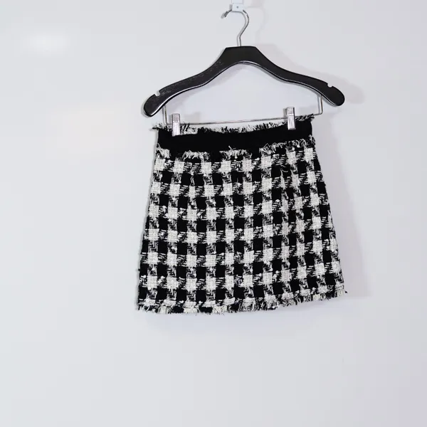 Zara Black White Gingham Check Plaid Textured Knit Woven Mini Skirt XS - Image 3