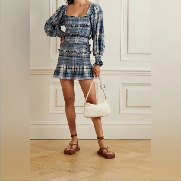 LoveShackFancy Stanley Blue Plaid Smocked Mini Dress Medium - Image 3