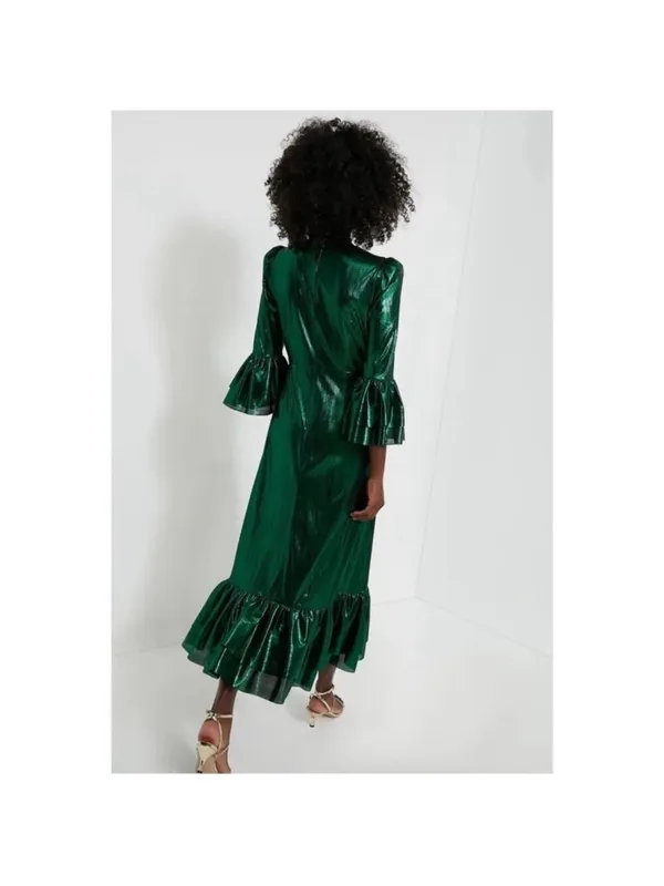 Pomander Place Green Metallic Pleated Ruffle Maxi Dress B1680 Small NWT - Image 2