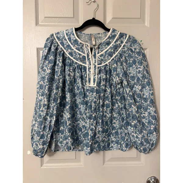 Ethnic Liberty Elysian Day paisley Blue granny Long Sleeve Popover Blouse Small - Image 2