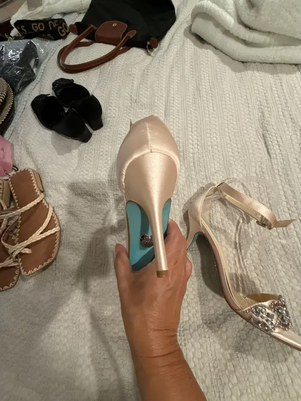 Blue by Betsey Johnson Gina Champagne Satin Rhinestone Ankle Strap Heels - Image 10