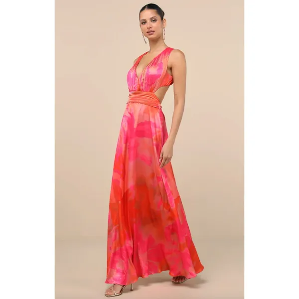 Lulus Dedra Pink and Orange Abstract Pleated Maxi Dress Formal Satin Large NWT - Image 4