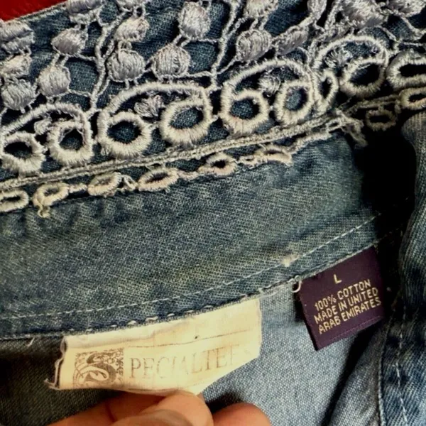 Specialtees Vintage 90s Embroidered Denim Shirt L Button Down Blue Boho - Image 6