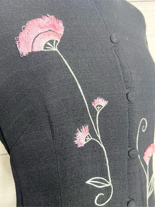 Vintage Black & Pink Floral Embroidered Long Sleeve Dressy Duster Blouse Size 8 - Image 3