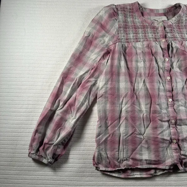 LOFT Women’s Medium Plaid Smocked Peasant Blouse Pink Gray Button Front - Image 2