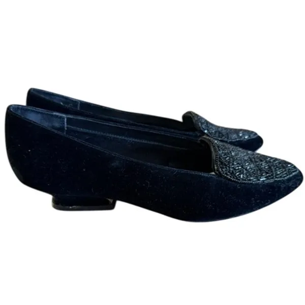 High Lights Black Velvet Beaded Loafers Low Heel Dress Shoes Women's Size 8 - Image 5