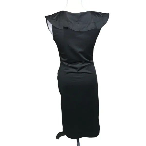 Women's V Neck Ruffle and Trim Wrap Hem Cap Sleeve Bodycon Midi Dress Satin Black - Image 7