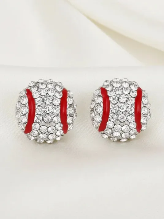Rhinestone Baseball Stud Earrings in Red & White - Image 3