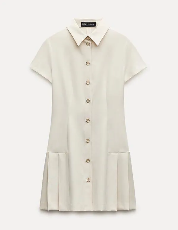 Zara mini dress pleated skirt collar button up ivory casual classic old money - Image 18